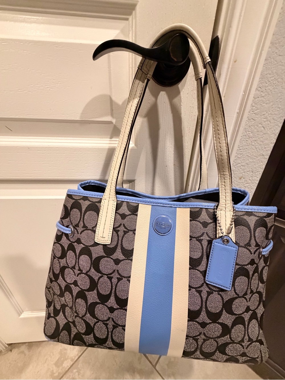 Coach Signature Stripe Tote in Blue and Cream with Gray Monogram